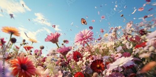romantic spring summer background, fresh flowers against blue sky. Generative AI