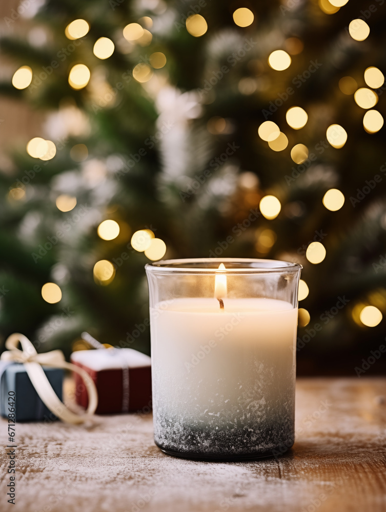 Holiday candle commercial, front view of burning candle in glass jar mock-up on Christmas background with winter decorations and bokeh Holiday candle commercial, front view of burning candle in glass jar mock-up on Christmas background with winter decorations and bokeh