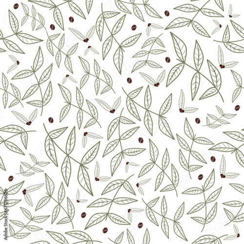 Coffee tree branches, coffee beans. Seamless botanical pattern, linear doodle style. For textiles, wallpaper, packaging paper.