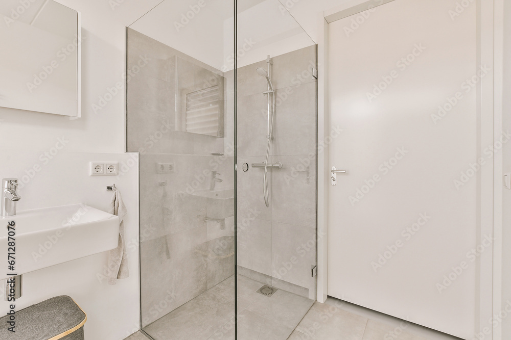 Bathroom with shower cabin and sink with mirror Bathroom with shower cabin and sink with mirror