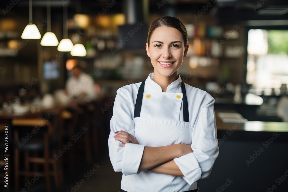 Smiling attractive female chef posing at his place of work Smiling attractive female chef posing at his place of work