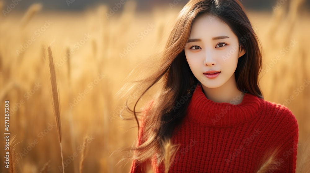 Beautiful Asian girl in red dress against yellow grass, woman and nature Beautiful Asian girl in red dress against yellow grass, woman and nature
