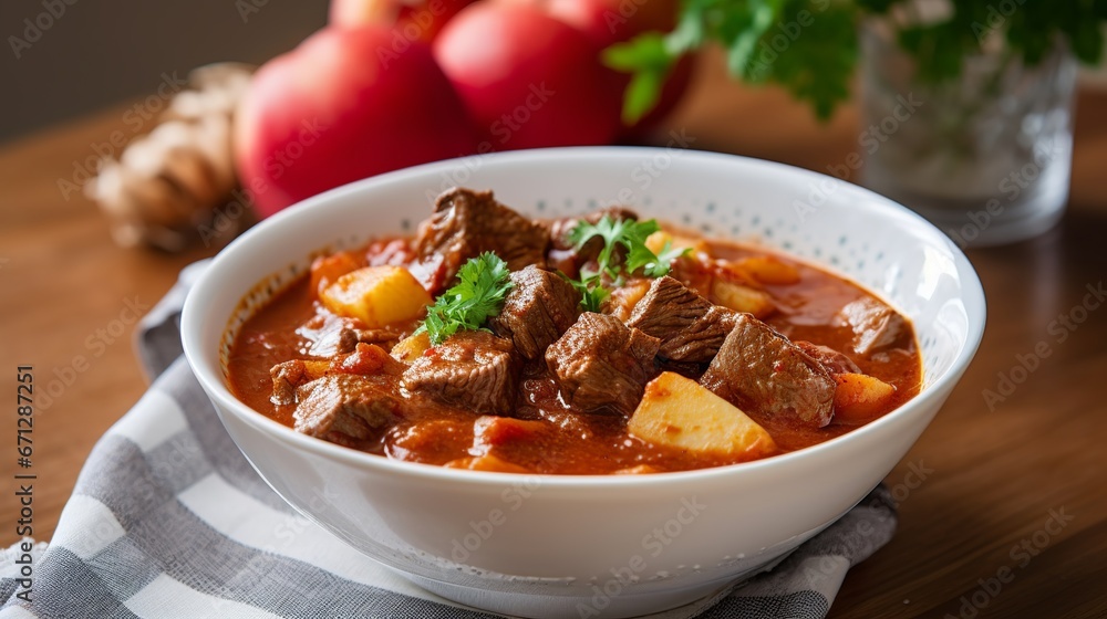 Hot Hungarian goulash soup with beef, potato, paprika and sour cream, generative ai Hot Hungarian goulash soup with beef, potato, paprika and sour cream, generative ai