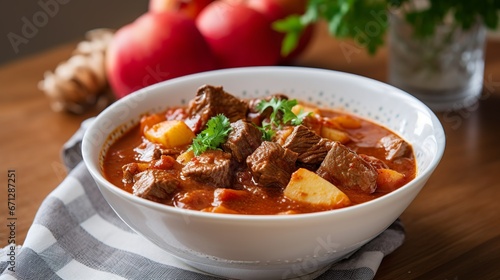 Hot Hungarian goulash soup with beef, potato, paprika and sour cream, generative ai
