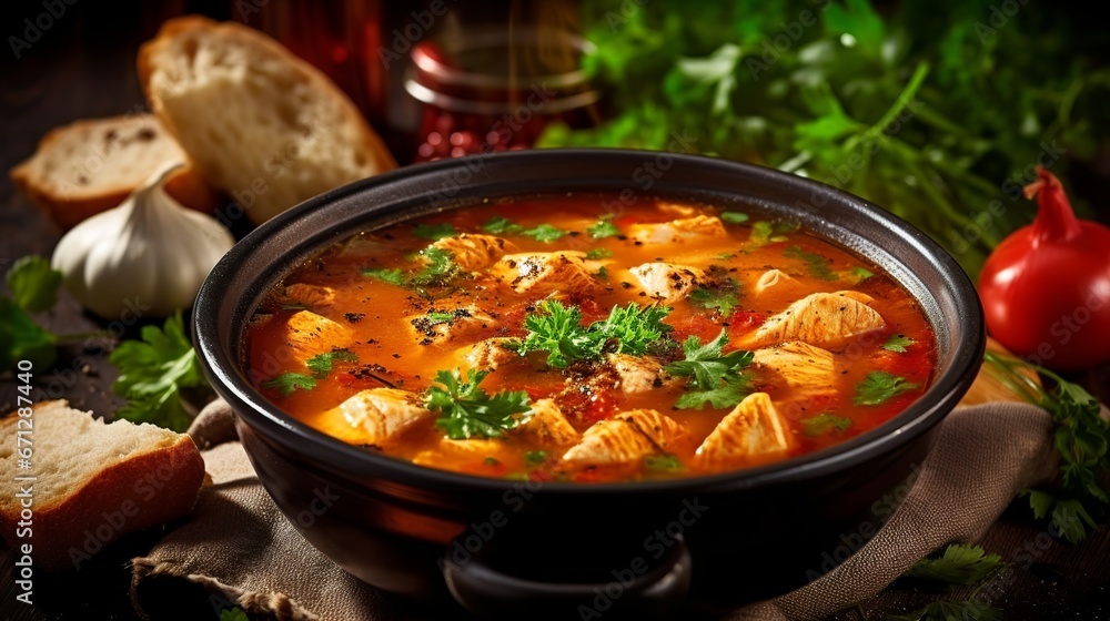 Hungarian chicken meat soup photo, generative ai