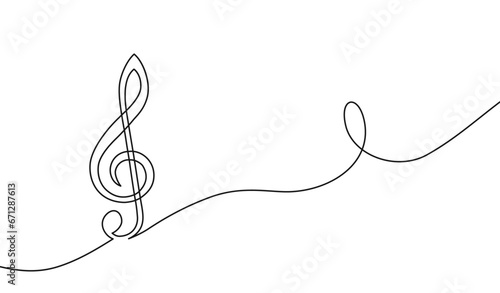 Music clef one line. Art note. Continuous line drawing. Hand draw concert. Outline vocal icon. Concept school musical notes. Sketch black notes isolated on white background. Vector illustration 