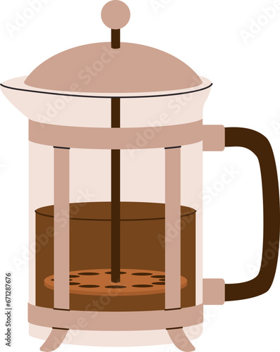 Hand drawn coffee french press vector illustration. Brewing tools, kitchen accessories on white background
