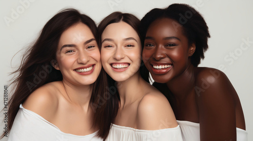 Three beautiful international girls smiling on a white background. Feminism, natural beauty.