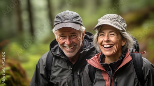A modern elderly couple is walking in the forest. Smiling people.