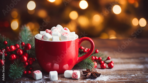 Hot cocoa with marshmallows in a ceramic mug. Concept of cozy holidays and new year.Generative AI
