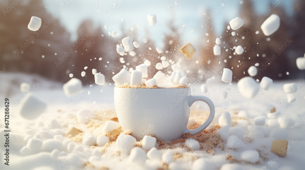 Close-up of a marshmallow falling into a cup of hot cocoa and making a splash.Generative AI - obrazy, fototapety, plakaty 