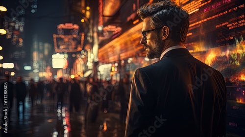 man on the street looking at a shop window with the price variation of cryptocurrencies