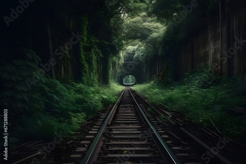 Mine railway in undergroud. Neural network AI generated art photo
