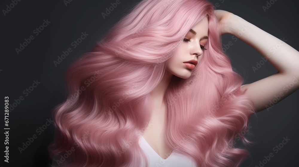 Obraz premium Long healthy pink colored woman hair, generative ai