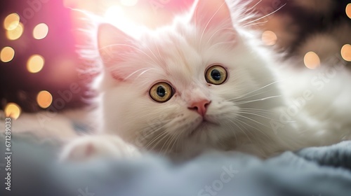 Small and cute white kitten photo in sunlight  generative ai