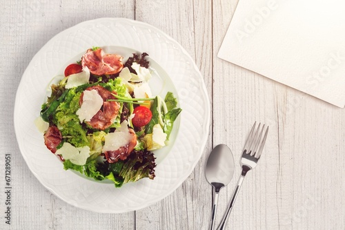 Tasty fresh salad dish in plate