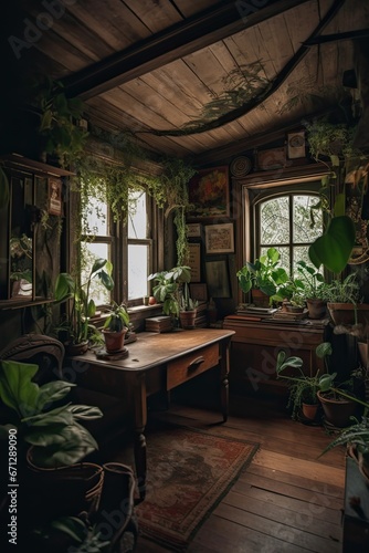 A room in an old wooden house with a work desk  a lot of house plants. Eco-friendly. AI generating