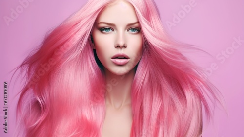 Long healthy pink colored woman hair, generative ai © nikolettamuhari
