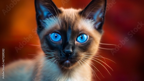 Small and cute Siamese kitten photo in sunlight, generative ai