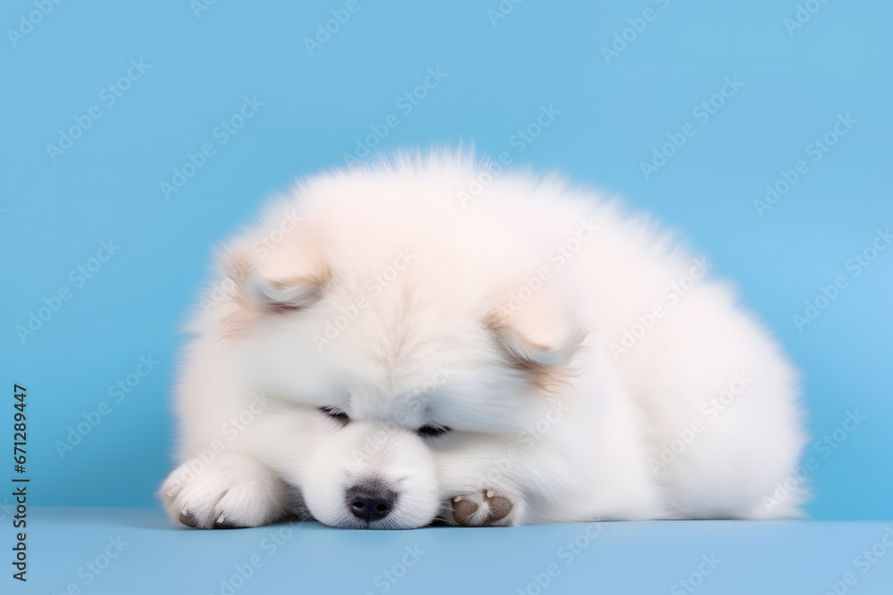 Cute Samoyed dog on blue color background. Neural network AI generated art Cute Samoyed dog on blue color background. Neural network AI generated art