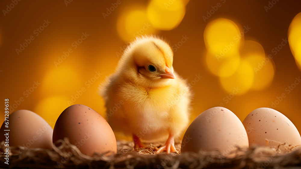 A newly hatched chick in an egg shell. A newly hatched chick in an egg shell.