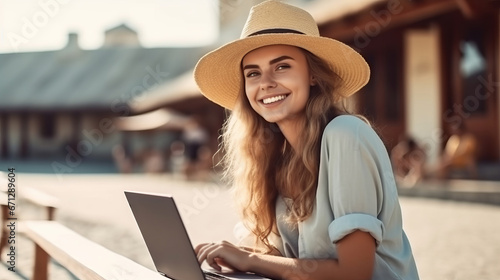 Remote work concept. Cheerful cute woman working on a laptop on vacation. Work concept. Freelance concept. Remote work concept. Travel concept.