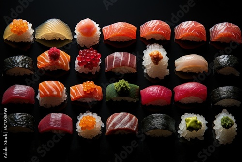 The aesthetics of Japanese cuisine. Sushi. Rice with vinegar seasoning. Various seafood. Delicottes. Tasty food. Seasonings and spices. Sashimi Rolls Ramen Poké.