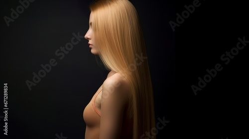 Very long healthy blond hair advertisement photo with a young beautiful thin and fit model, generative ai