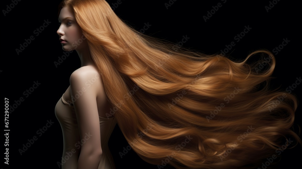 Very long healthy hair advertisement, light brown long hair with reddish undertones, young beautiful white woman model, generative ai Very long healthy hair advertisement, light brown long hair with reddish undertones, young beautiful white woman model, generative ai