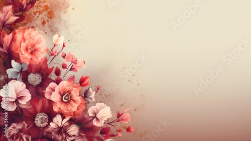 Watercolor painted happy colorful spring flowers background banner with empty copyspace for text, generative ai