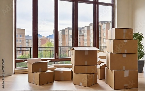 Moving to new apartment. Cardboard boxes and cleaning things for moving into a new home. Cardboard boxes inside apartment of new shifting created with generative ai