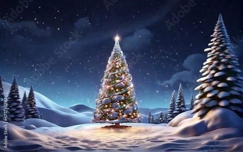 Fantastic winter landscape with decorated christmas tree. Christmas background wallpaper with christmas tree  snow and stars. Beautiful christmas night created with generative ai