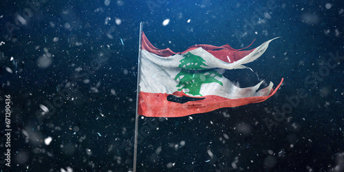 Lebanon, Lebanese Republic, the torn flag waving in the wind and storm. 3D Design.