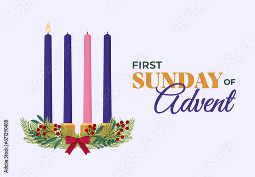 First Sunday of Advent - Christmas wreath - Flat Vector Illustration