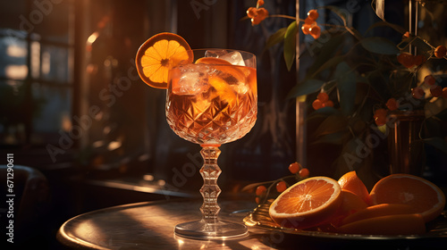 orange cocktail like aperol spritz with ice in a glass with an orange slice photo