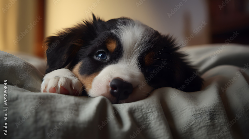 close up of a sleepy bernese mountain dog puppy sleeping on a couch with blankets close up of a sleepy bernese mountain dog puppy sleeping on a couch with blankets
