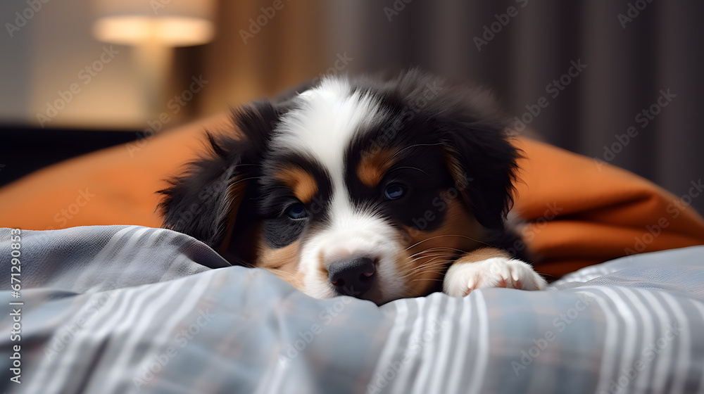 close up of a sleepy bernese mountain dog puppy sleeping on a couch with blankets