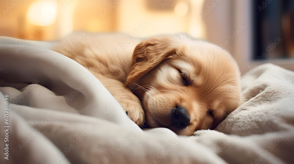 Obraz premium close up of a sleepy puppy sleeping on a couch with blankets