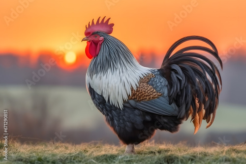 Beautiful Rooster standing on the grass in blurred nature green background. Neural network AI generated art