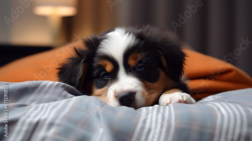 close up of a sleepy bernese mountain dog puppy sleeping on a couch with blankets