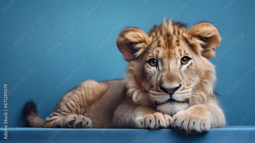 Obraz premium portrait of a lion cub on blue background