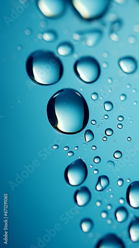 A close up of water droplets on a blue surface