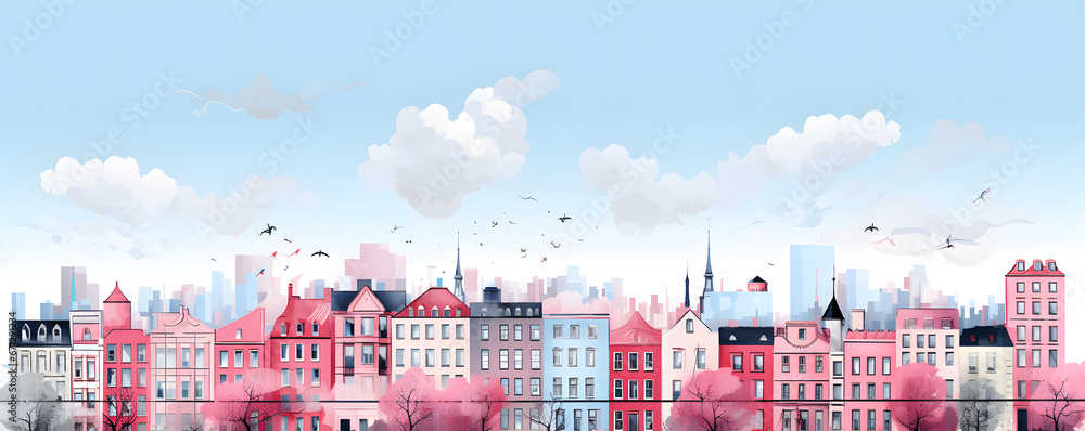 pink cityscape illustration with houses and buildings