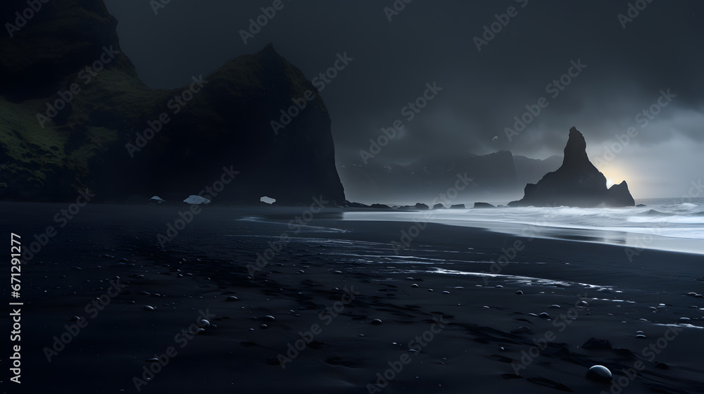 dark black sand beach shore