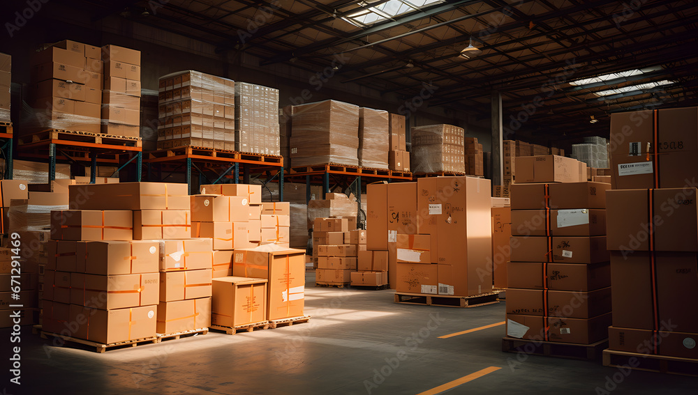large warehouse with many packages and boxes in racks and shelves large warehouse with many packages and boxes in racks and shelves