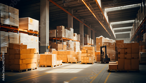 large warehouse with many packages and boxes in racks and shelves