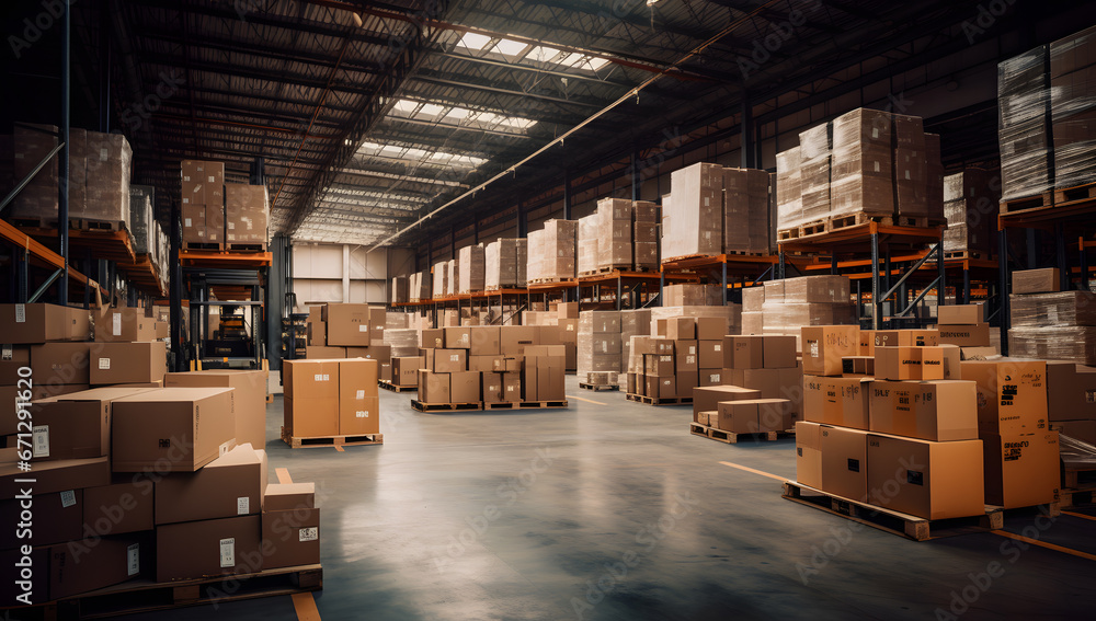 large warehouse with many packages and boxes in racks and shelves large warehouse with many packages and boxes in racks and shelves