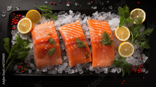 Slices of fresh salmon on a wooden cutting board with lemon slices, herbs, cherry tomatoes on a branch, olives, red chili peppers, peas, lettuce, salt and ice. Generative AI