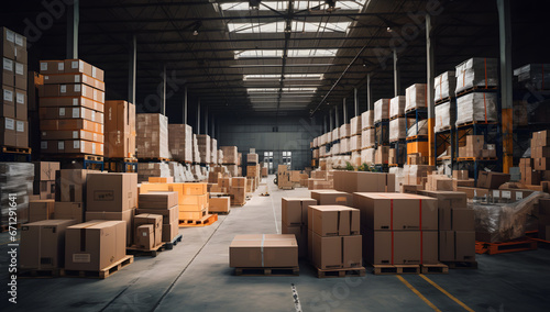 large warehouse with many packages and boxes in racks and shelves © fraudiana