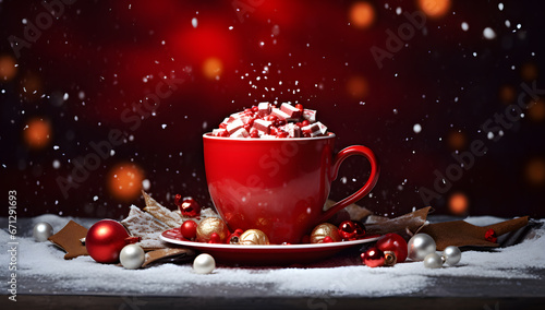 cup of coffee hot chocoalte with winter christmas decoration